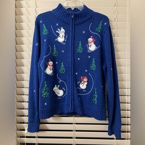NEW- Crystal Kobe Snowmen Women’s Medium Christmas Embroidered Zip Sweater Blue
